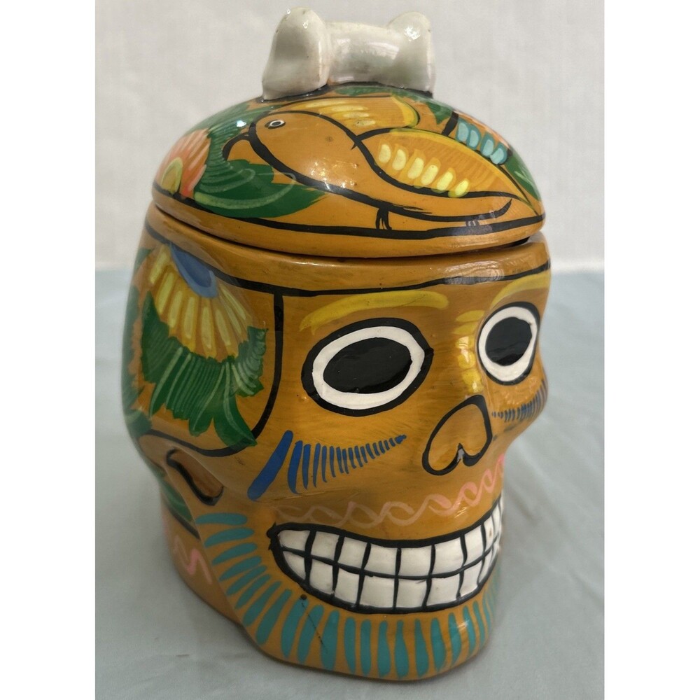 Sugar Skull Jar, Trinket Box With Lid Day of the Dead Mexico Light Orange